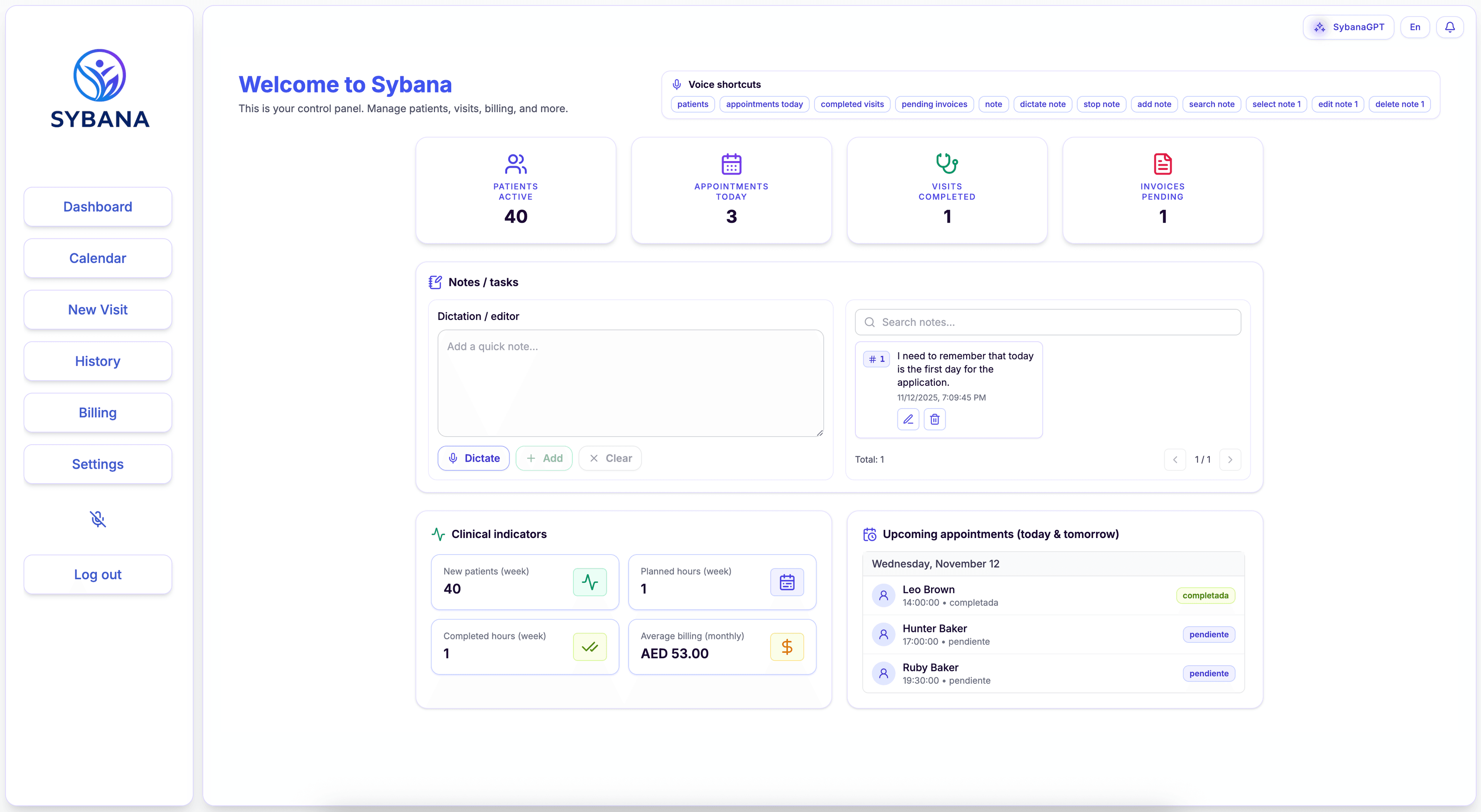 Sybana interface showing the patients dashboard